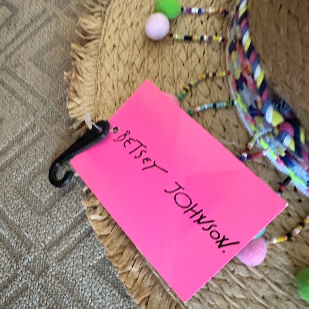 Boho Betsy Johnson Straw Sun Hat with Colorful Pom Pom Trim - Picture 2 of 3